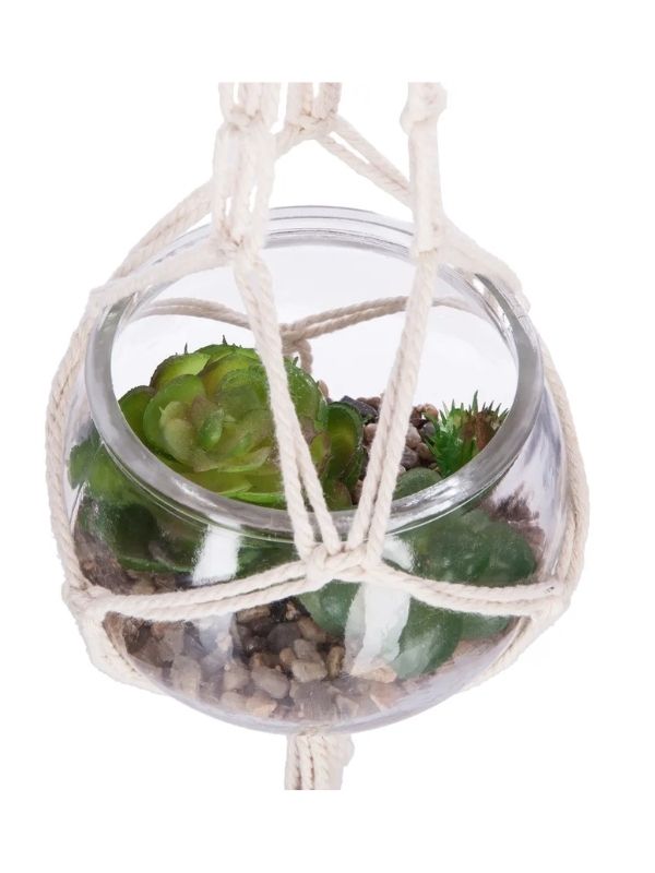Déco Nomade Piante Artificiali Con Vasetto In Vetro E Supporto Intrecciato Da Appendere 53Cm