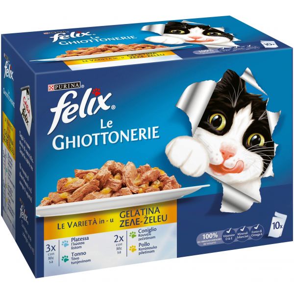 Purina Felix le Ghiottonerie Umido Gatto Con Platessa, Tonno, Coniglio Pollo 10x100gr