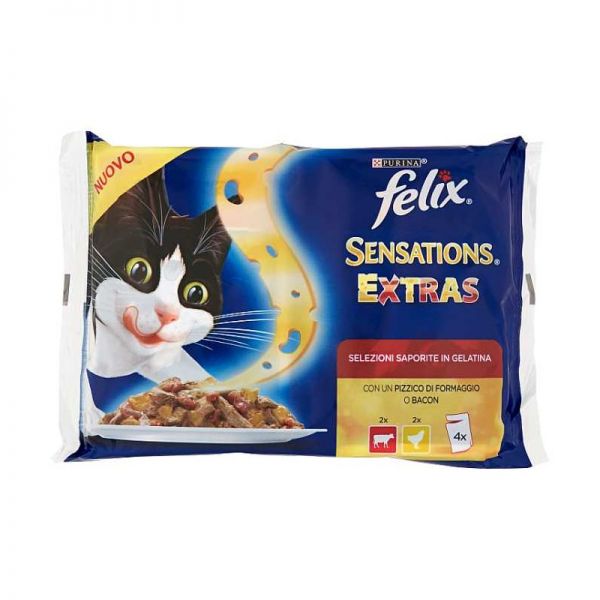 Purina Felix Sensations Extras Gatto Umido Con Manzo e Formaggio, Con Pollo e Bacon 4x100g