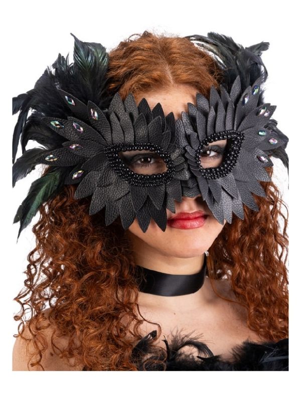 Accessorio Halloween Maschera Nera Ecopelle, Piume E Strass 