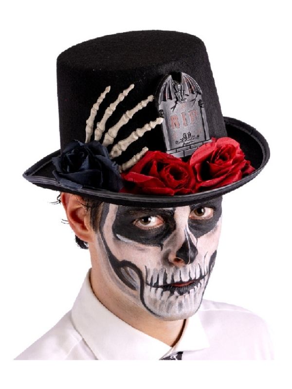 Accessorio Halloween Cappello Nero In Feltro Con Lapide E Mano Da Scheletro 