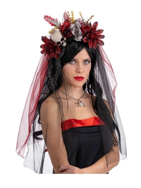 Accessorio Halloween Cerchietto Con Fiori, Teschio E Velo 