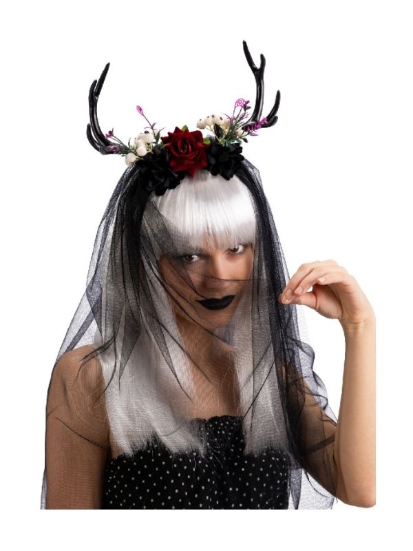Accessorio Halloween Cerchietto Con Corna, Decorazioni E Velo 