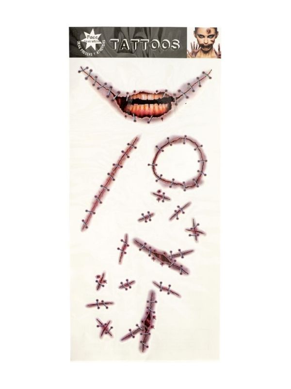 Accessorio Halloween Tatuaggi Finti Con Cicatrici E Bocca Cucita 