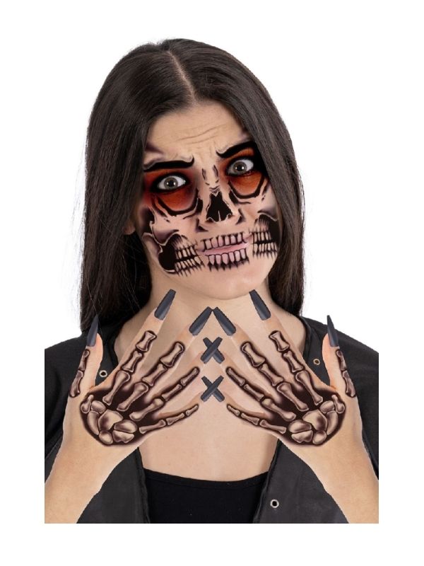 Accessorio Halloween Tatuaggi Finti Con Viso E Mani Scheletro 