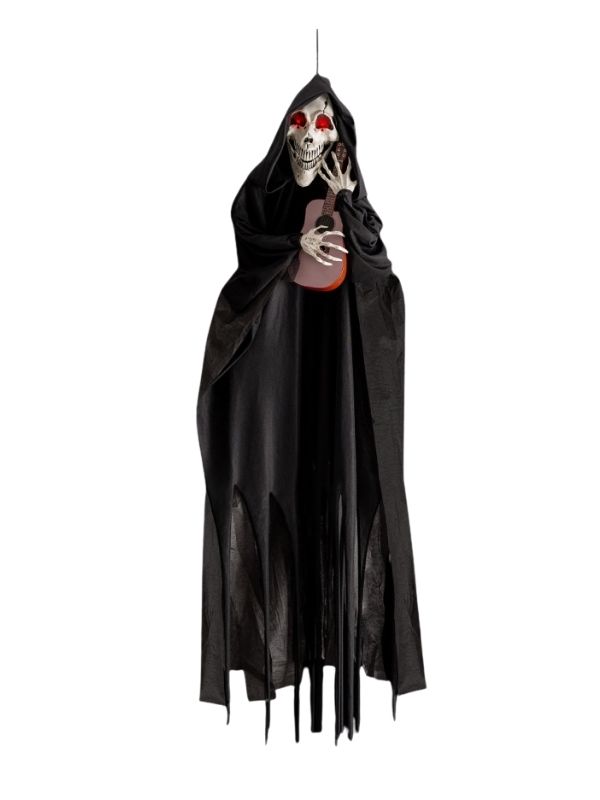 Deco Halloween Scheletro Da Appendere Con Chitarra, Luci, Suono E Movimento 120Cm