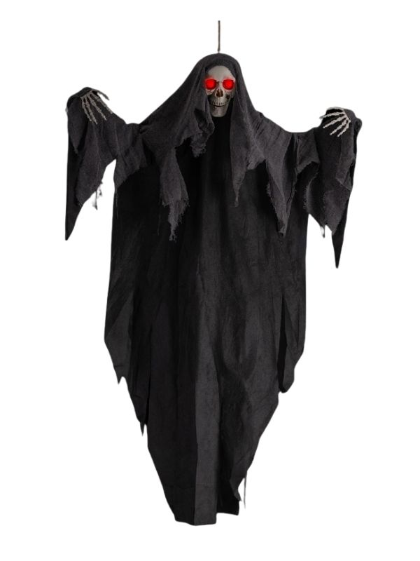 Deco Halloween Scheletro Da Appendere Con Abito Grigio E Luci 160Cm