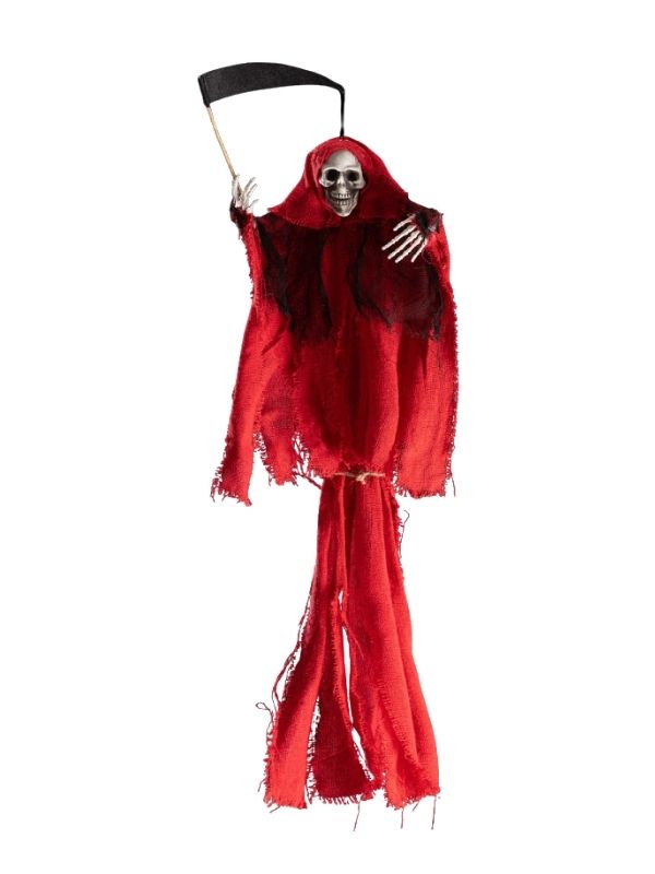 Deco Halloween Scheletro Da Appendere Con Falce E Abito Rosso 60Cm