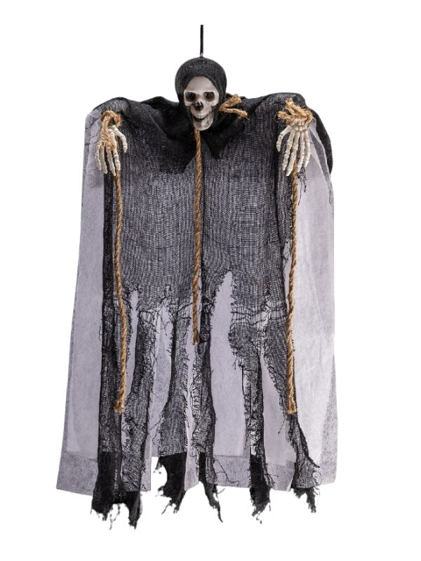 Deco Halloween Scheletro Da Appendere Con Corde E Abito Nero 70Cm