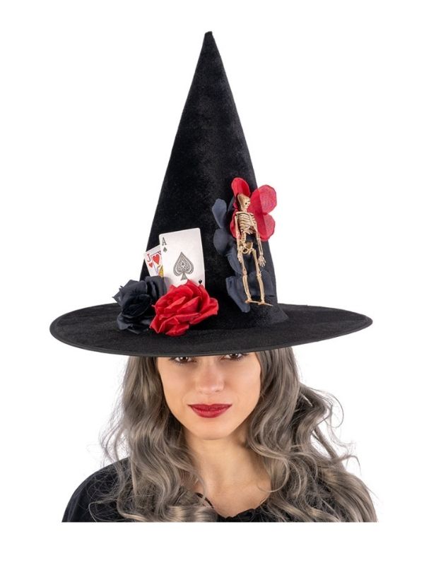 Accessorio Halloween Cappello Da Strega In Velluto Con Scheletro, Carte E Fiori 37Cm