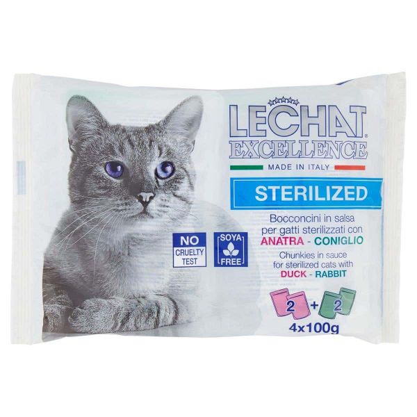 LeChat Excellence Sterilized Bocconcini in salsa per gatti sterilizzati con Anatra-Coniglio 4x100g