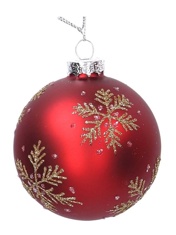 Weihnachtskugel Aus Glas Rot Mit Goldglitzernden Schneeflocken 8Cm