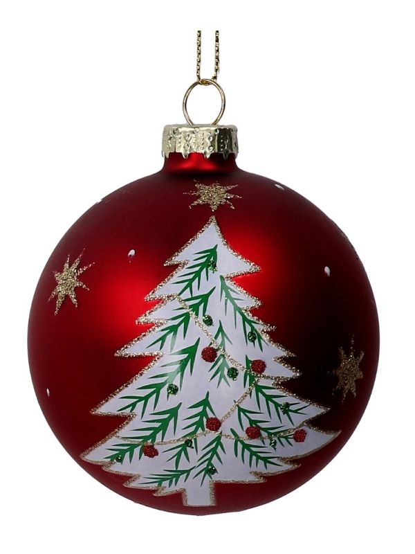 Weihnachtskugel Aus Glas Rot Mit Baum 8Cm