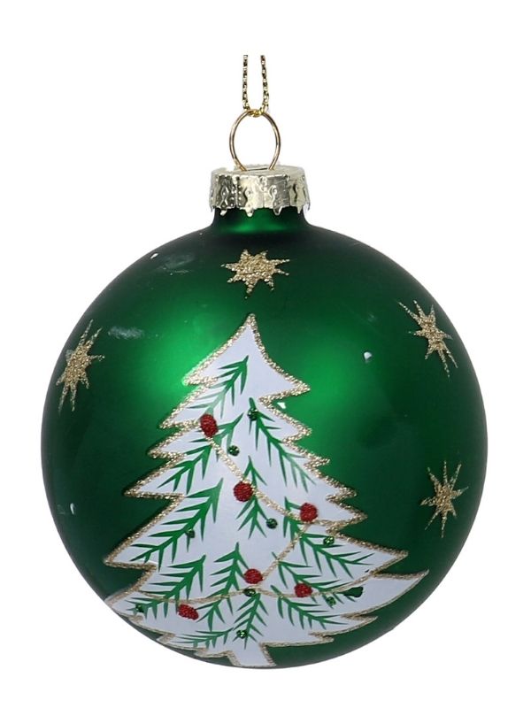 Weihnachtskugel Aus Glas Grün Mit Baum 8Cm