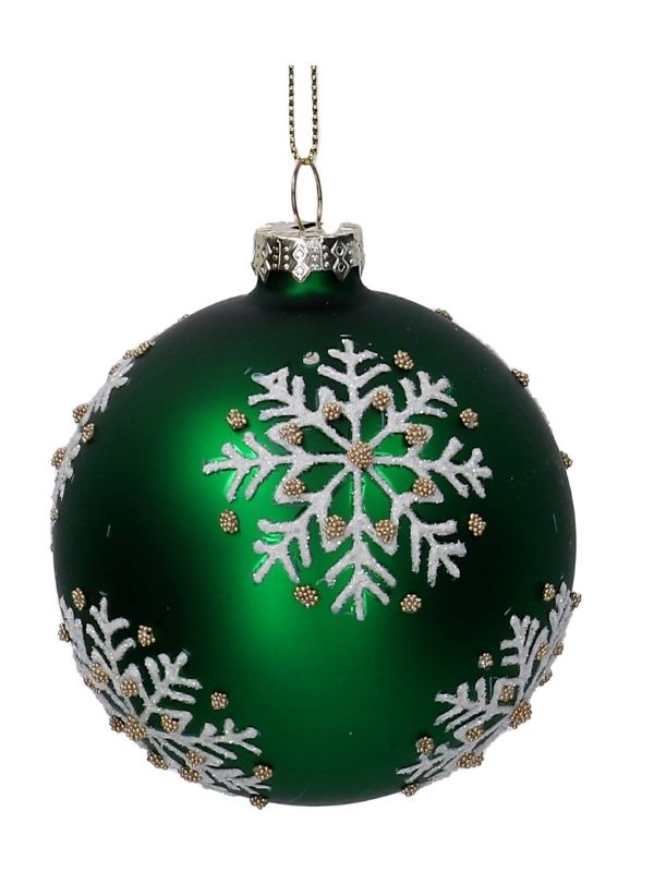 Weihnachtskugel Aus Glas Grün Mit Schneeflocken 8Cm