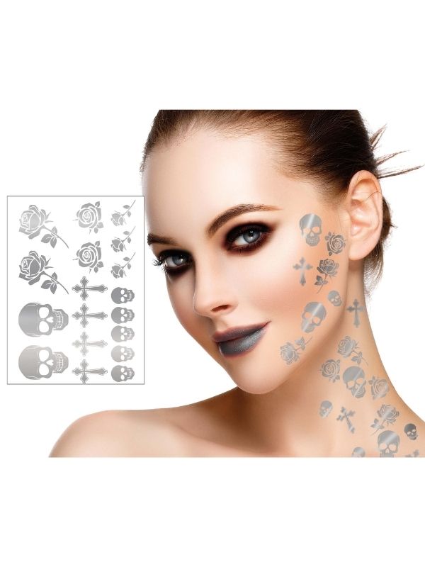 Accessorio Halloween Tattoo Argento Finti Per Il Viso Teschi 