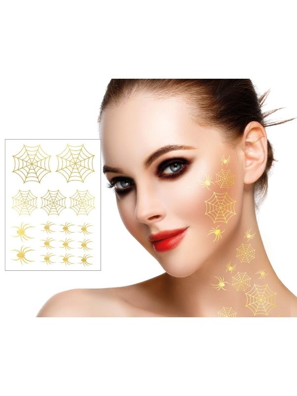 Accessorio Halloween Tattoo Oro Finti Per Il Viso Ragnatele 