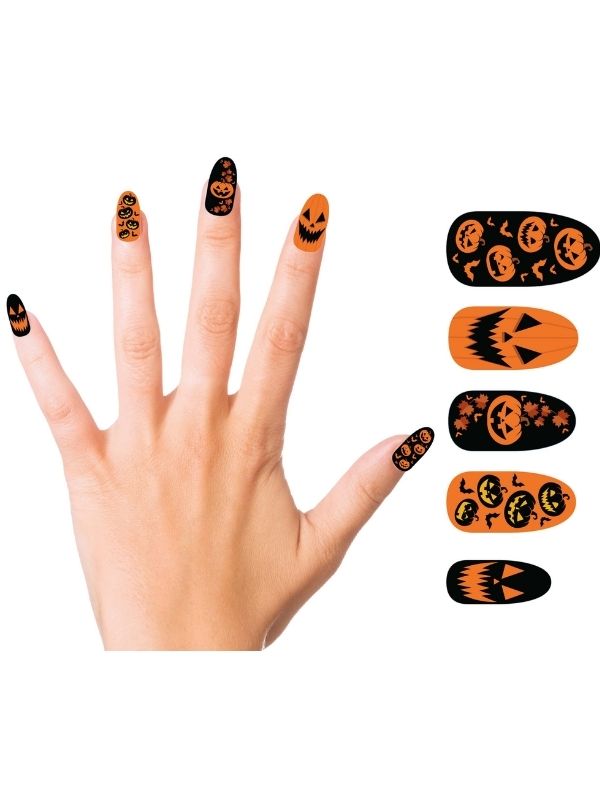 Accessorio Halloween Set 12 Unghie Finte Zucca Con Colla 