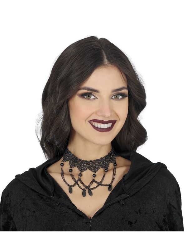 Accessorio Halloween Collana Con Perle E Pizzo Nero 