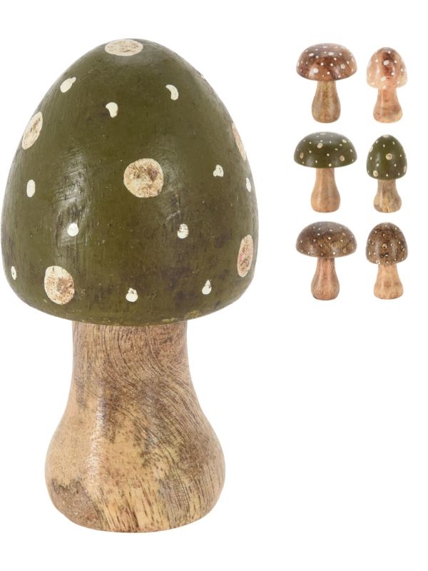Décoration Automnale Champignon En Bois De Manguier 9X15Cm - Assorti