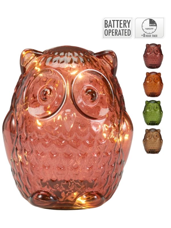 Décoration Automnale Hibou En Verre Avec Lumière Led 13X15Cm - Assorti