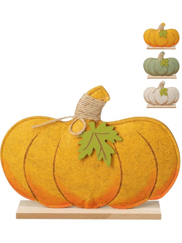 Décoration Automnale Citrouille En Feutre Avec Socle En Bois 18Cm - Assorti