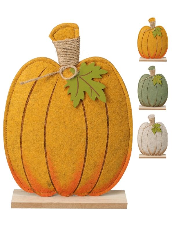 Décoration Automnale Citrouille En Feutre Avec Socle En Bois 25Cm - Assorti