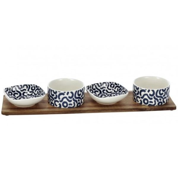 Set Da Aperitivo Con 4 Coppette In Ceramica E Vassoio 50X14Cm