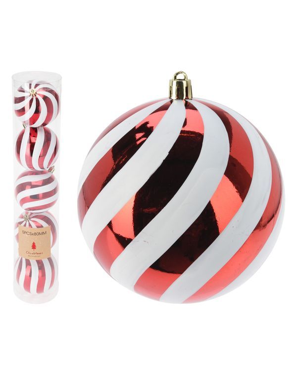 Palline Di Natale In Plastica Rosso A Righe 5 Pezzi 10Cm 