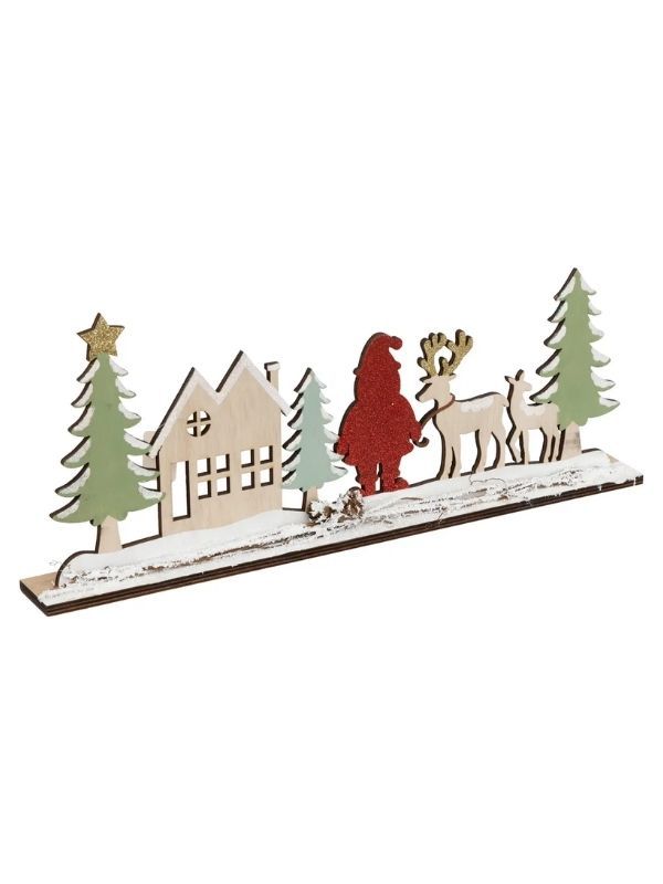 Decorazione Natalizia Paesaggio In Legno Con Babbo Natale 40Cm