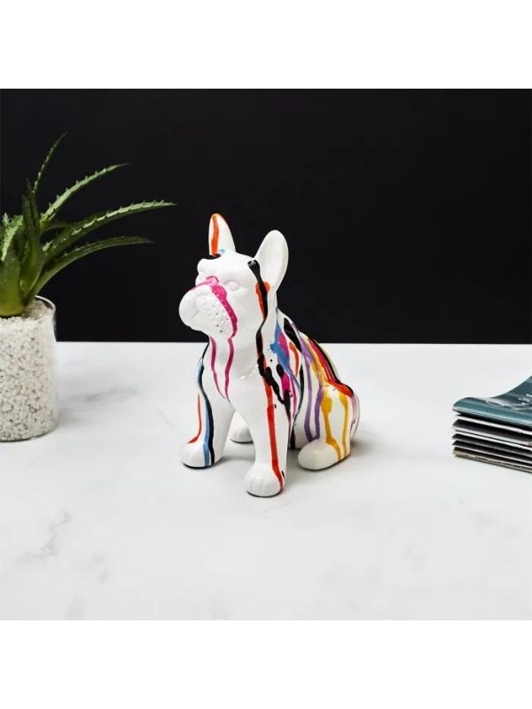 Deko-Objekt Aus Keramik Weißer Bulldog Mit Farbigen Flecken 20Cm