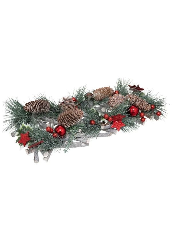 Dekorativer Kerzenhalter Für Weihnachten Mit Tannenzweigen Und Roten Kugeln 39X14Cm