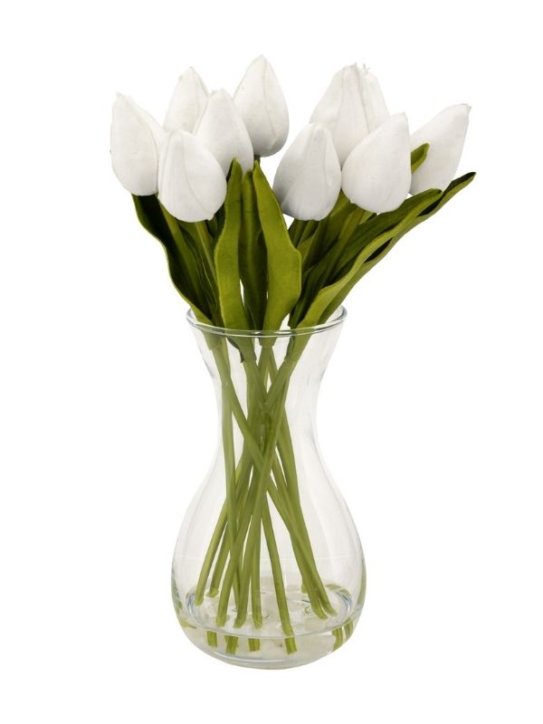 Pianta Artificiale Déco Composizione Hector Con Tulipani Bianchi E Vaso In Vetro 29Cm