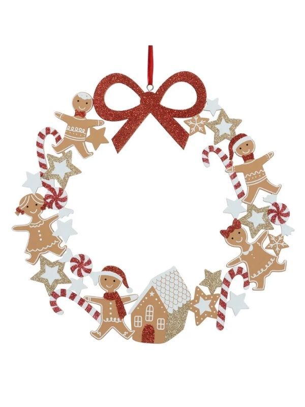 Corona Decorativa Natalizia In Legno Con Biscotti Di Pan Di Zenzero 33Cm