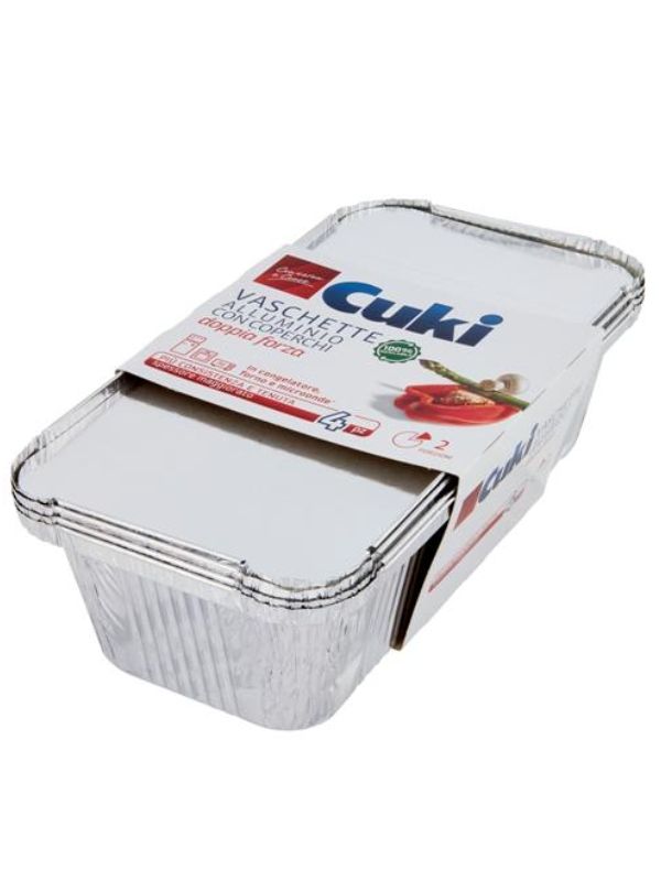 CUKI Vaschette Alluminio Con Coperchi 2 Porzioni 4 Pezzi 22X11X5Cm