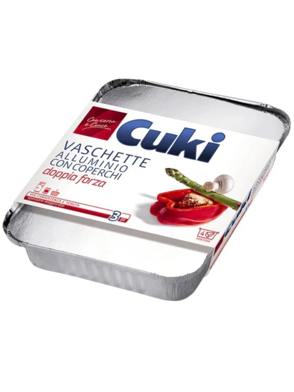 CUKI Vaschette Alluminio Con Coperchi 4 Porzioni 3 Pezzi 22X17Cm