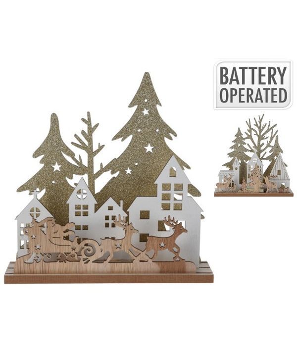 Déco De Noël Scène En Bois Avec Lumières Led  19Cm  - Assortis 