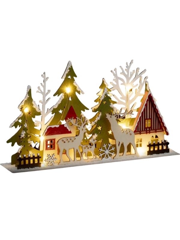 Décoration De Noël En Bois Village Avec Rennes Et Lumières Led 30X7Cm