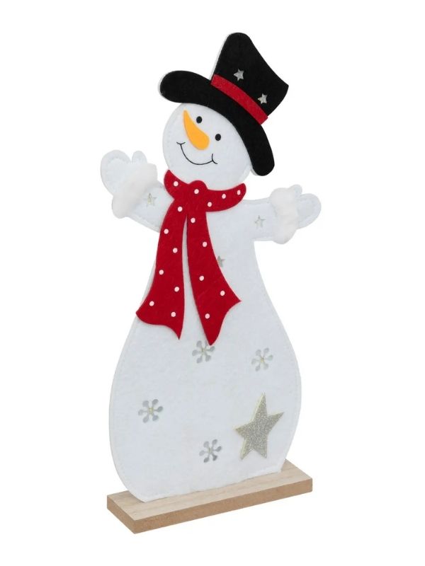 Déco Natalizia In Legno Pupazzo Di Neve In Feltro Con Luci Led 37Cm