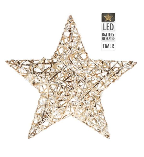 Stella Di Natale Con 20 LED Color Oro Con Perle 30Cm