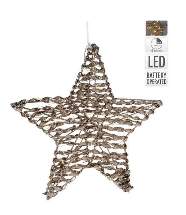 Stella Di Natale Con 20 LED E Glitter Oro 30Cm