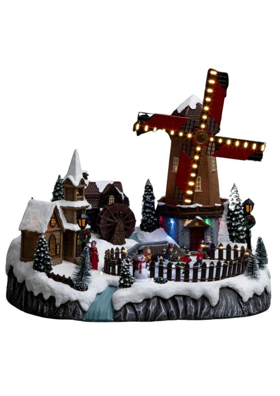 Village De Noël Moulin Avec Lumières Led 38X33Cm