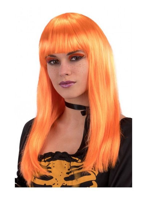 Parrucca Di Halloween Arancione Lunga E Liscia Con Frangia