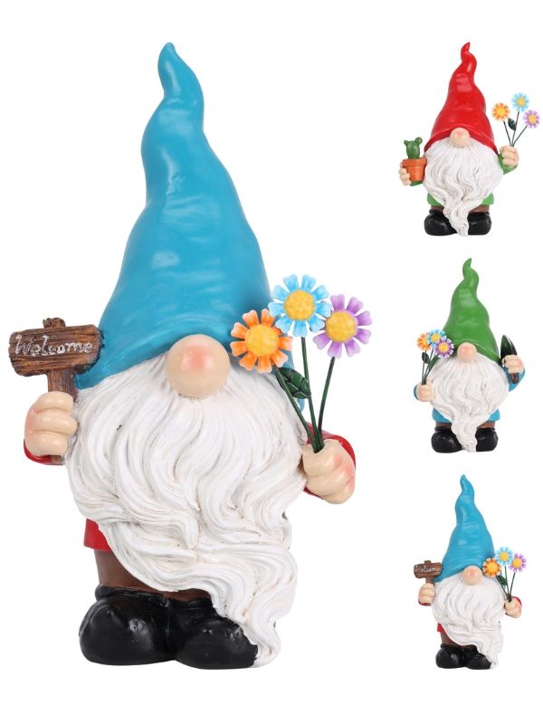 Nain de jardin décoratif avec fleurs 12 x 23 cm - Assortiment