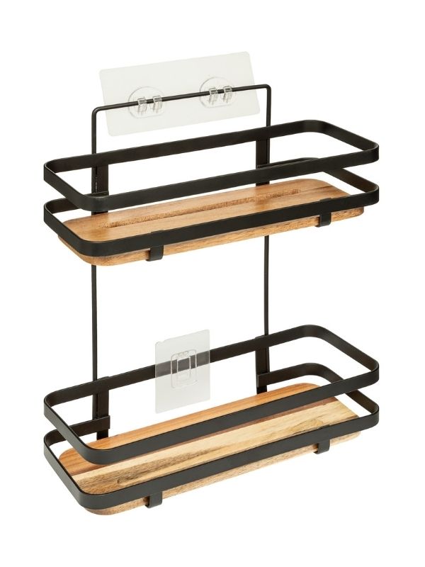  Mensola Doccia 2 Livelli Blackacia In Legno Di Acacia 30X25X15Cm