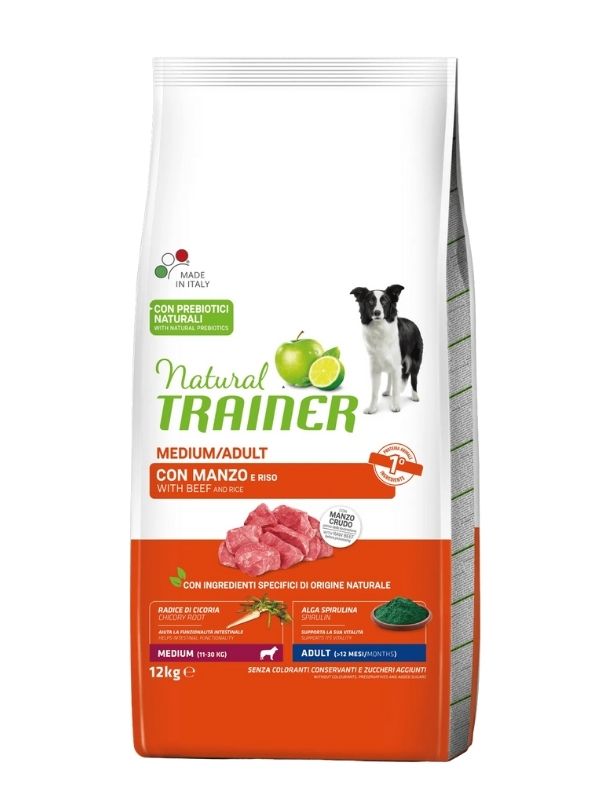 NATURAL TRAINER Medium Cane Adult (+12 Mesi) Manzo E Riso 12Kg