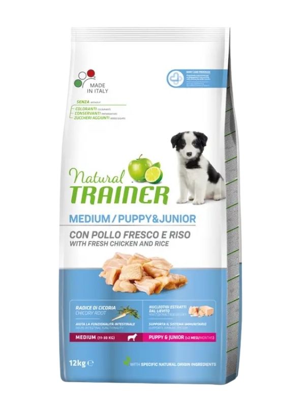 NATURAL TRAINER Medium Cane Puppy E Junior (+2 Mesi) Pollo Fresco E Riso 12Kg