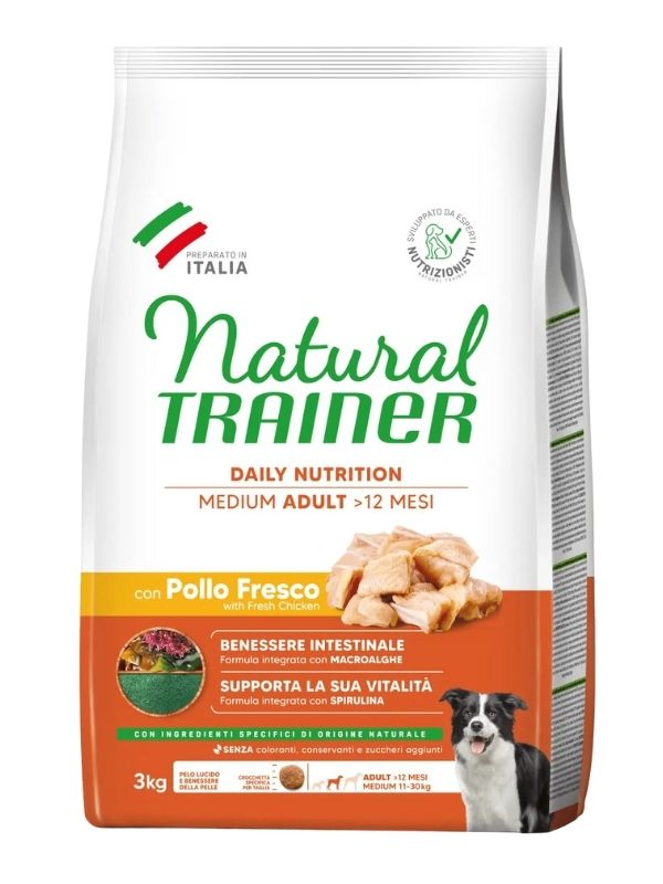 NATURAL TRAINER Medium Cane Adult (+12 Mesi) Pollo Fresco E Riso 3Kg