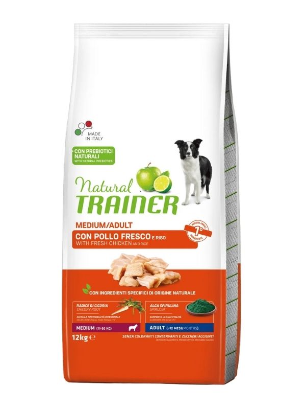 NATURAL TRAINER Medium Cane Adult (+12 Mesi) Pollo Fresco E Riso 12Kg