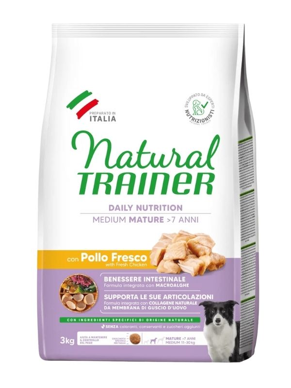 NATURAL TRAINER Medium Cane Mature (+7 Anni) Pollo Fresco E Riso 3Kg